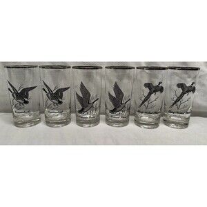 Set of 6 Federal Glass Rumpus Game bird High Ball Silver Rim glasses  5.75”